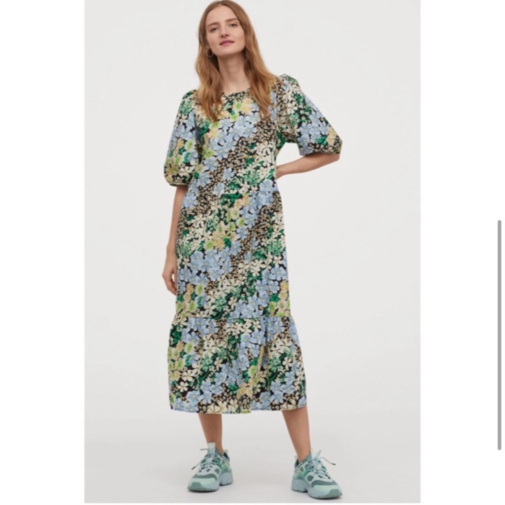 H&M floral midi prairie dress with puff sleeves